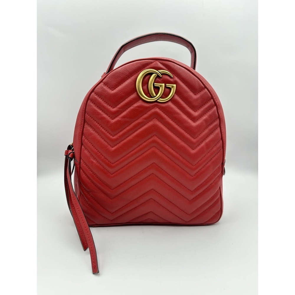 Gucci GG Marmont Small Backpack Red Quilted Chevron Calfskin Leather Bag